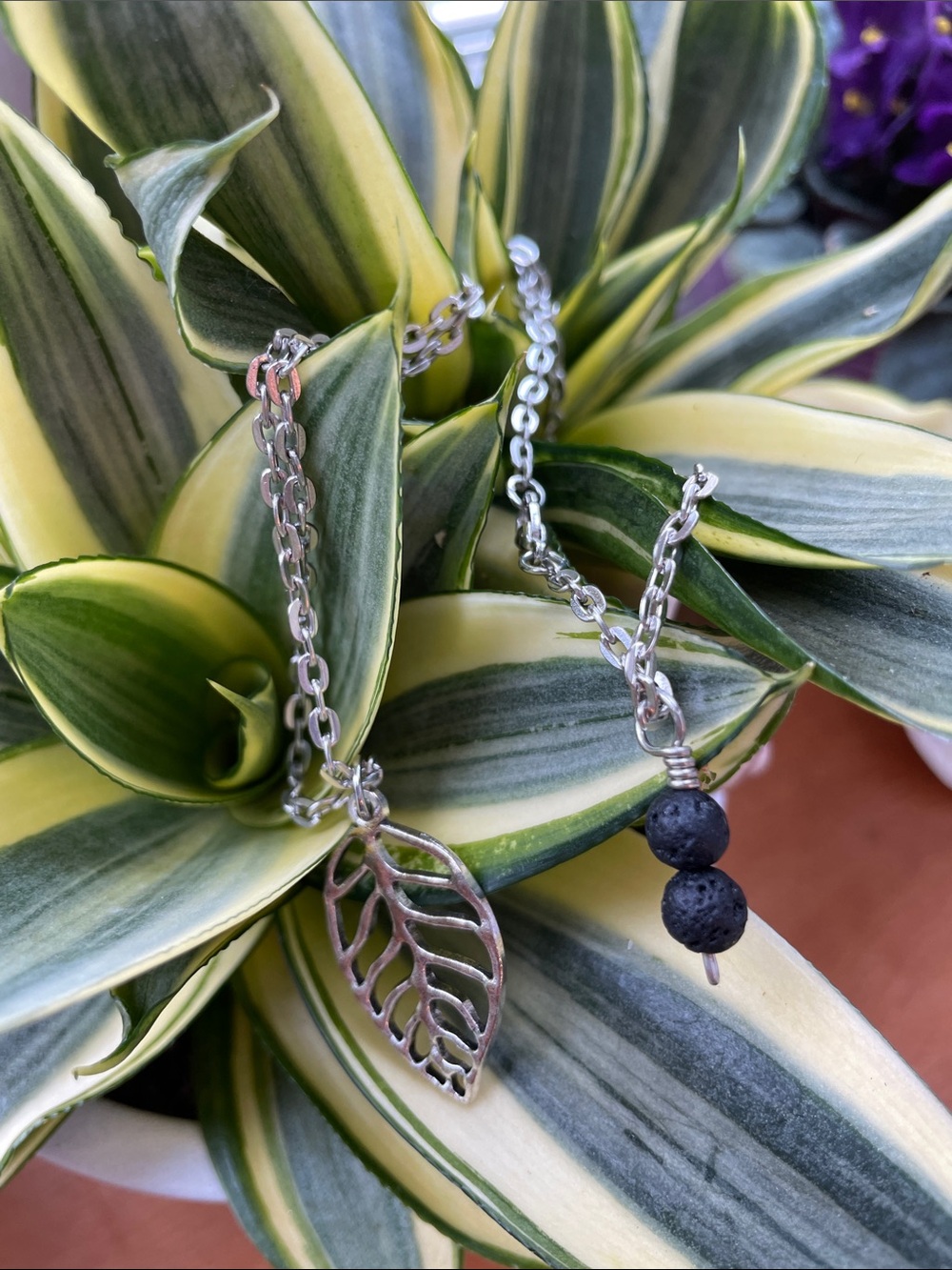 Sterling Silver Leaf Pendant Necklace with Black Lava Beads